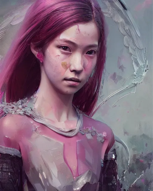 Image similar to detailed portrait of girl angel with asian eyes, with wings, pink hair, elite, elegant, luxury, by ismail inceoglu dragan bibin hans thoma greg rutkowski alexandros pyromallis nekro rene maritte illustrated, perfect face, fine details, realistic shaded, fine - face, pretty face