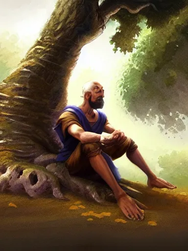 Prompt: a grumphy man, legs and arms crossed, sitting under a bodhi tree. intricate, elegant, highly detailed, digital painting, artstation, concept art, sharp focus, illustration, by justin gerard and artgerm, 8 k