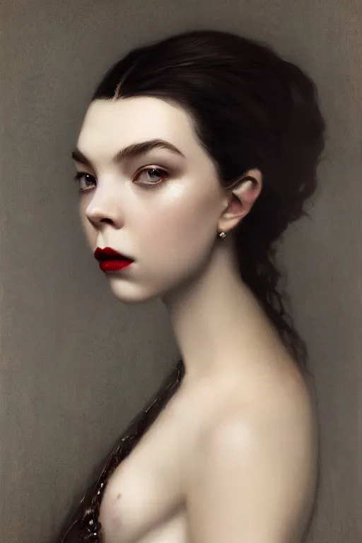 Image similar to a portrait of an elegant beautiful dark bohemian vampire woman, smooth face, glamour shot, bored, illustration, dramatic lighting, soft details, painting oil on canvas, art nouveau, octane render, HDR, 4k, 8k, HD, (Anya Taylor-Joy) by Edmund Blair Leighton, Brom, Charlie Bowater, trending on artstation,