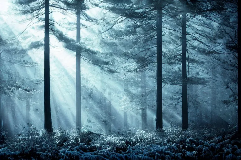 Image similar to portrait of pine trees in a forest during a blizzard. shadow and light. rays of light. energetic, dynamic, lively, detailed, intricate, complex. fine art by hayao miyazaki, akira toriyama, makoto shinkai, and ohara koson. studio lighting. tilt and shift lens. bokeh.