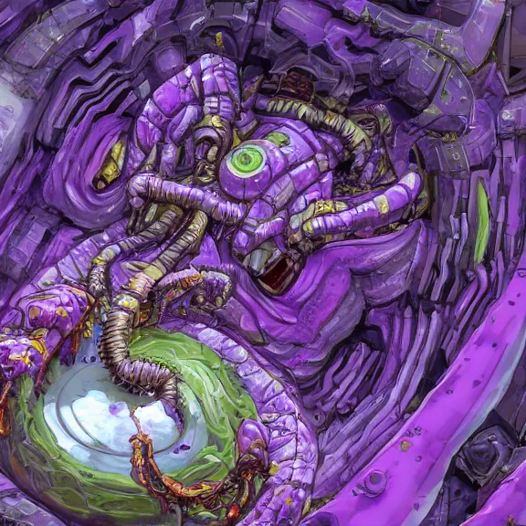 Prompt: detailed shot inside a goddess mecha dragon's cavernous living stomach, the walls purple, ribbed, and pulsing, slimy and hot, lots of acid pooling up on the floor, digesting a bunch humans that ended up inside, food pov, micro pov, vore, digital art, furry art, high quality, 8k 3D realistic, macro art, micro art, Furaffinity, Deviantart, Eka's Portal, G6