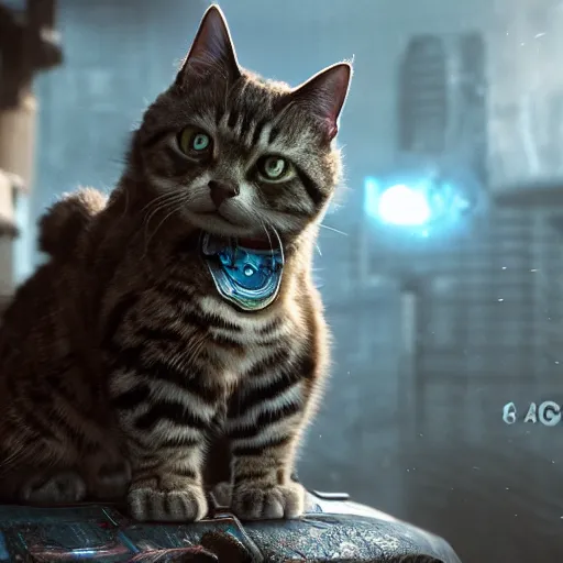 Image similar to lil bub the cat in Gears of War, splash art, movie still, cinematic lighting, dramatic, octane render, long lens, shallow depth of field, bokeh, anamorphic lens flare, 8k, hyper detailed, 35mm film grain