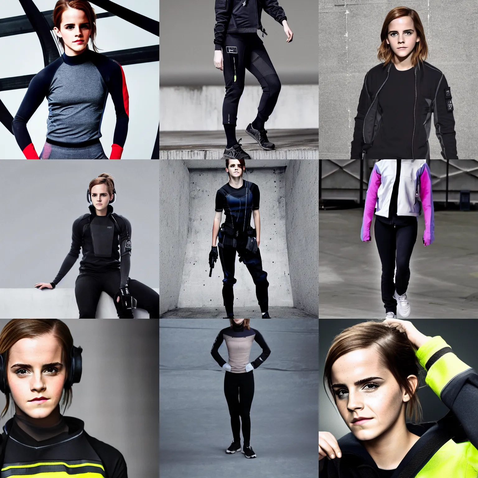 Prompt: Emma Watson techwear model, studio photo