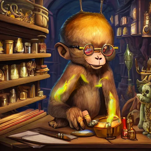 Prompt: Magic the gathering artwork of Anthropomorphized monkey shopkeeper in his shop, shelves full, selling a gem, portrait, items, magic potions, specimens in glasses, carpet, window, fancy funny hat, sly expression , cunning expression, cute expression, presenting magic gem, D&D, fantasy, cinematic lighting, highly detailed, digital painting, artstation, concept art, smooth, sharp focus, illustration, warm light, cozy warm tint, magic the gathering artwork, volumetric lighting, 8k, no gold, no gold colours, art by Akihiko Yoshida and Greg Rutkowski
