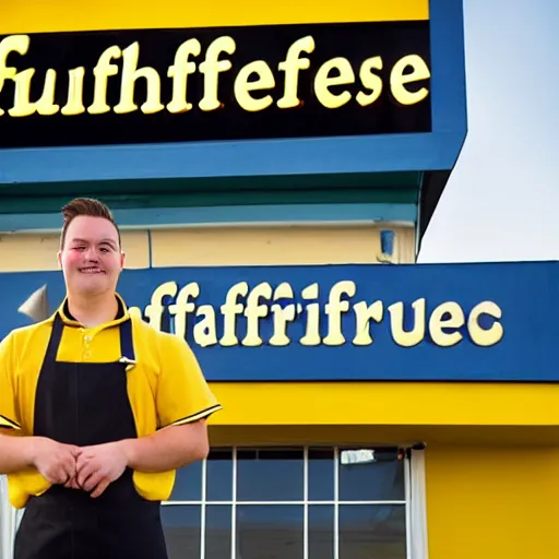 Image similar to wafflehouse employee's standing below wafflehouse sign, employees uniform is blue and black with yellow name tags