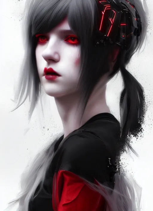 Image similar to portrait of white teenage girl, normal face, black bangs, mall goth, cyberlox, black and white hair, bangs, fluffy bangs, red contacts, intricate, elegant, highly detailed, digital painting, artstation, concept art, sharp focus, smooth, illustration, art by wlop, mars ravelo and greg rutkowski