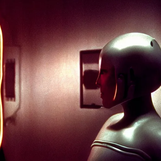 Image similar to movie scene of a android, movie still, cinematic composition, cinematic light, criterion collection, reimagined by industrial light and magic, Movie by David Lynch and Ridley Scott