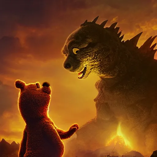 Image similar to godzilla as winnie the pooh as a gigantic muppet, cinematic composition, epic dramatic lighting, realistic, hyperdetailed, photorealistic, photograph, epic scale by gaston bussiere