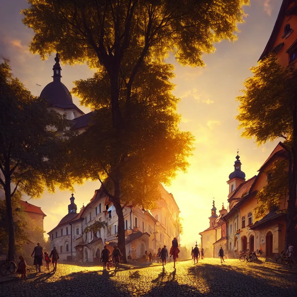 Image similar to a beautiful photo of banska stiavnica in summer with old houses and trees in sunset, sky, people walking on street, unreal engine, by greg rutkowski and james gurney, artstation