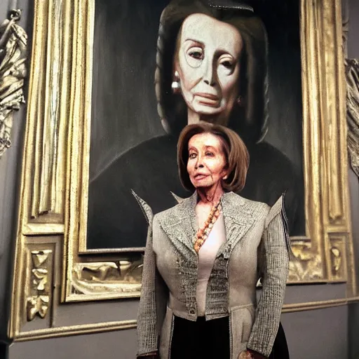 Image similar to painting of nancy pelosi standing in front of 1 6 th century backdrop. she looks like vigo the carpathian wearing armor. patina on armor. she ominously stares forward. hand on hip, arm resting on large stone. sepia toned. dramatic lighting. painting by lou police for ghostbusters 2.