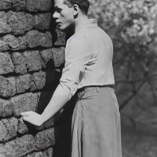 Prompt: A terrified young man in 1930s attire cornered with his back against a stone wall