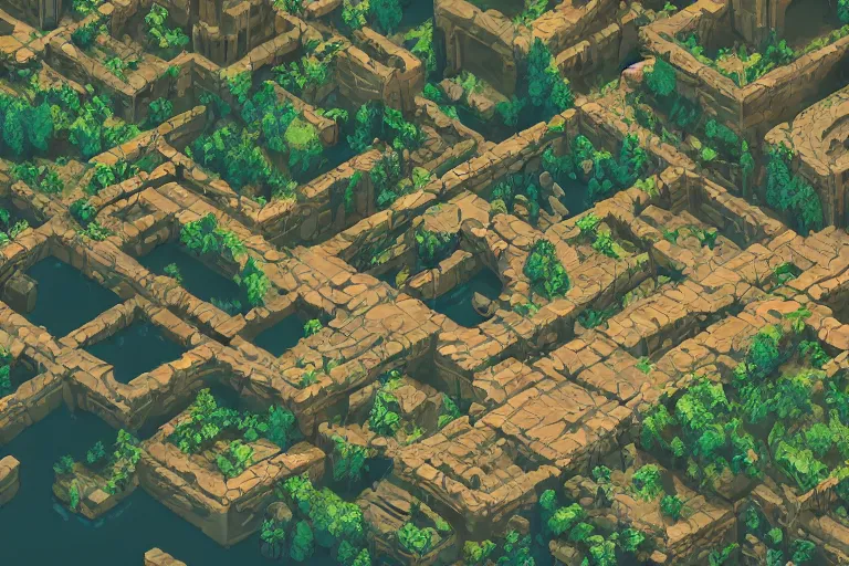 Image similar to ancient city, lake, plants, isometric art, isometric illustration, artstation, highly detailed, post processing, cinematic lighting + masterpiece