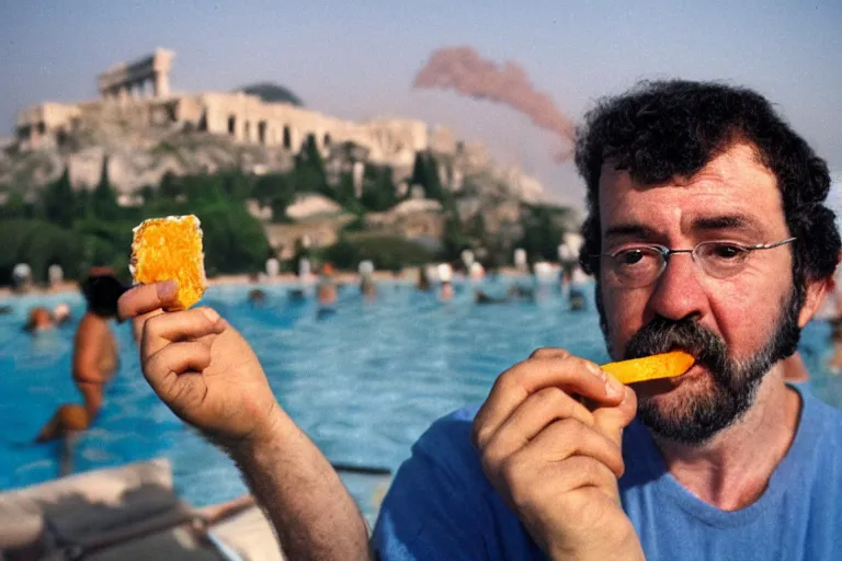 Image similar to A Martin Parr closeup portrait of Socrates eating a hemlock popsicle at the last pool party he will ever attend, a large cloud of fire engulfs him, the acropolis can be seen in the background, in the style of Martin Parr The Last Resort, ring flash closeup photograph