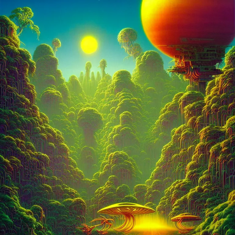 Prompt: mysterious ancient dieties hovering over magical quantum jungle, infinite psychic waves, synthwave, bright neon colors, highly detailed, cinematic, wide angle, tim white, michael whelan, roger dean, bob eggleton, lisa frank, vladimir kush, kubrick, kimura, isono