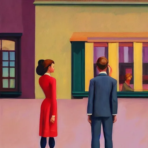 Prompt: a fine art painting of the ingame avatars from planet coaster with a coaster in view in the style of edward hopper and wes anderson.