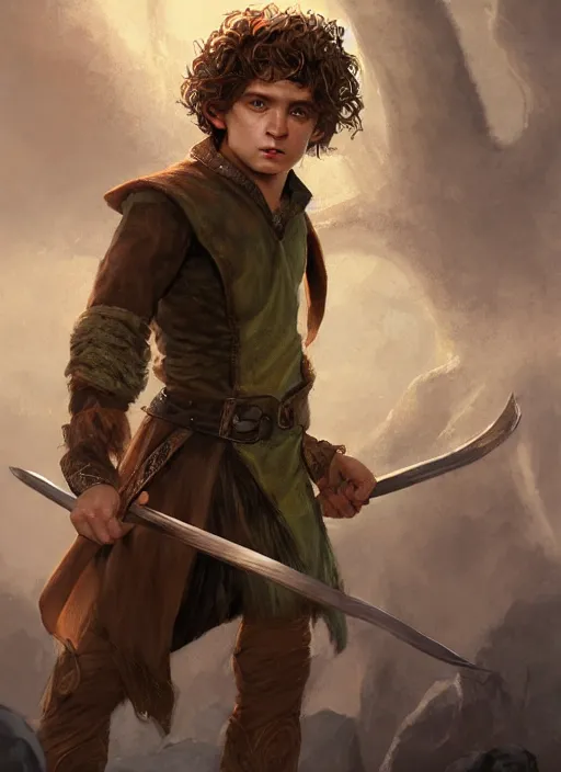 Prompt: teenage hobbit wizard, brown hair, acne, Ivan Aivakovsky, Boris Vallejo, epic fantasy character art, D&D Concept Art, full length, Realistic, Regal, Refined, Detailed Digital Art, Oil Paining, Exquisite detail, post-processing, masterpiece, Cinematic Lighting, Unreal Engine, 8k, HD