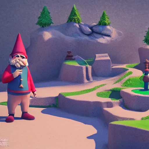 Prompt: a hipster gnome in a mini - golf course in the mountains, 3 d render in the style of the videogame firewatch, soft colors, beautiful pastel scenery around the mini - golf course, incredible sense of depth and perspective in the background, realistic lighting, very realistic and gorgeous