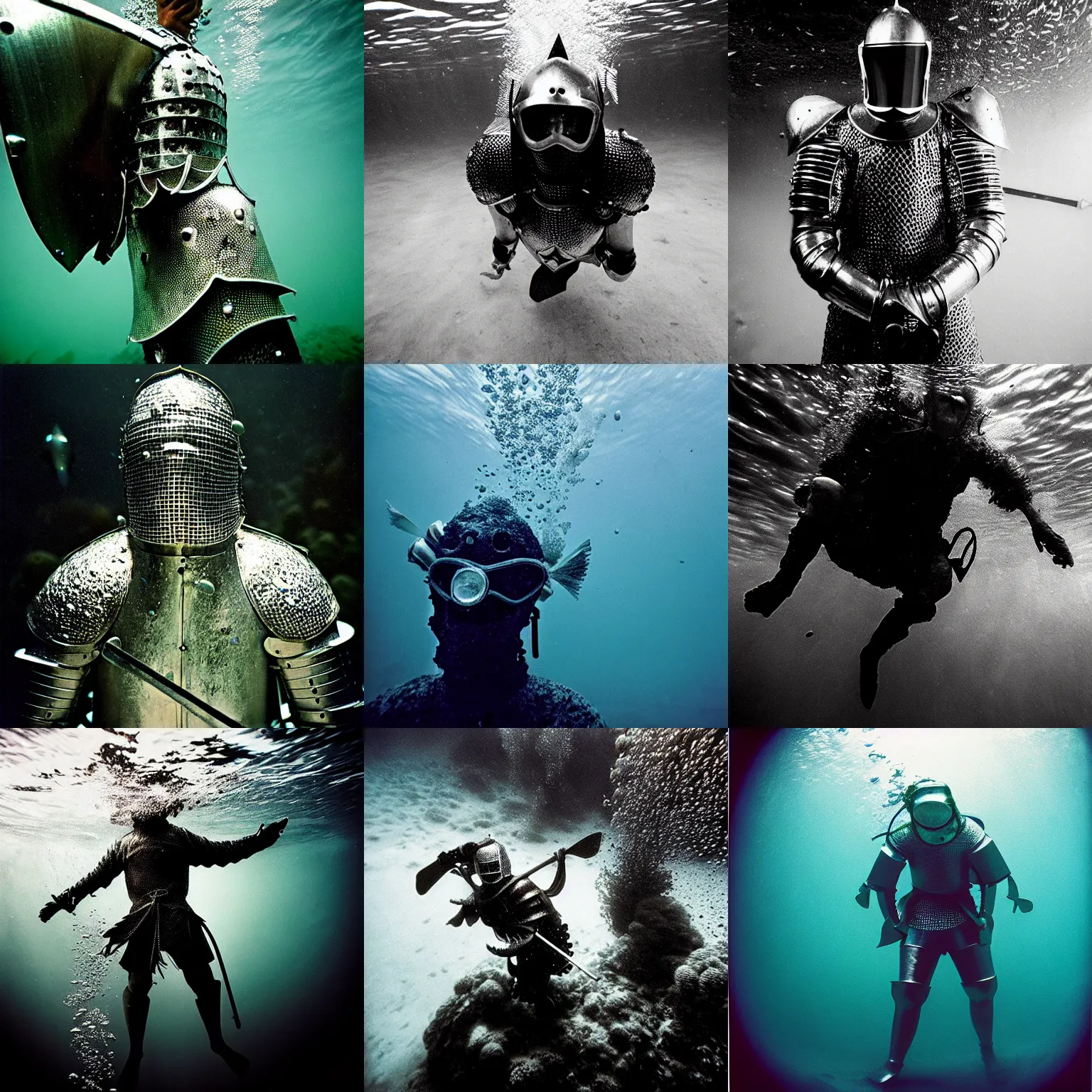 Prompt: Underwater photo of a beautiful medieval knight by Trent Parke, close up, metallic patterns, clean, detailed, Magnum photos