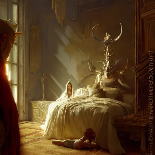 Image similar to the pope is in his bedroom, scared because a horned demon is attacking him. highly detailed painting by gaston bussiere, greg rutkowski, craig mullins 8 k