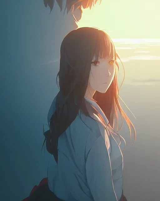 Prompt: kyoto animation, woman looking at sunset, beautiful, detailed portrait, cell shaded, 4 k, concept art, by wlop, ilya kuvshinov, artgerm, krenz cushart, greg rutkowski, pixiv. cinematic dramatic atmosphere, sharp focus, volumetric lighting, cinematic lighting, studio quality