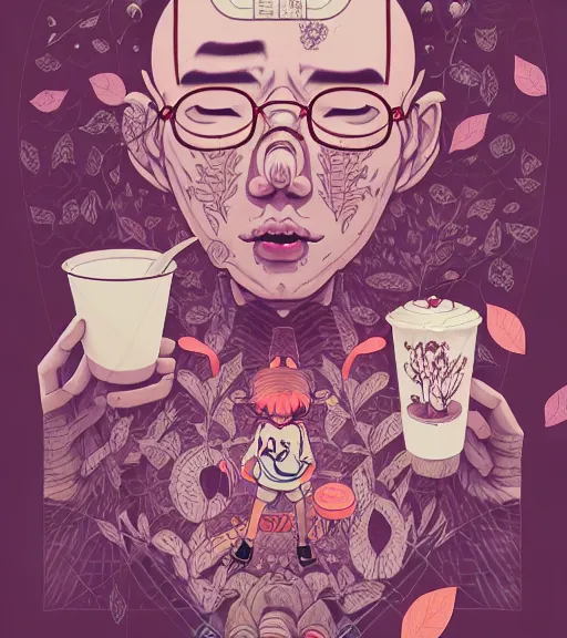 Image similar to portrait, nightmare anomalies, leaves with milktea by miyazaki, violet and pink and white palette, illustration, kenneth blom, mental alchemy, james jean, pablo amaringo, naudline pierre, contemporary art, hyper detailed