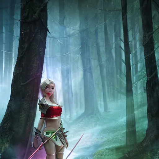 Prompt: a female elf wearing a small chainmail two piece armor in the forest, digital art, illustration, volumetric lighting, atmospheric, highly detailed