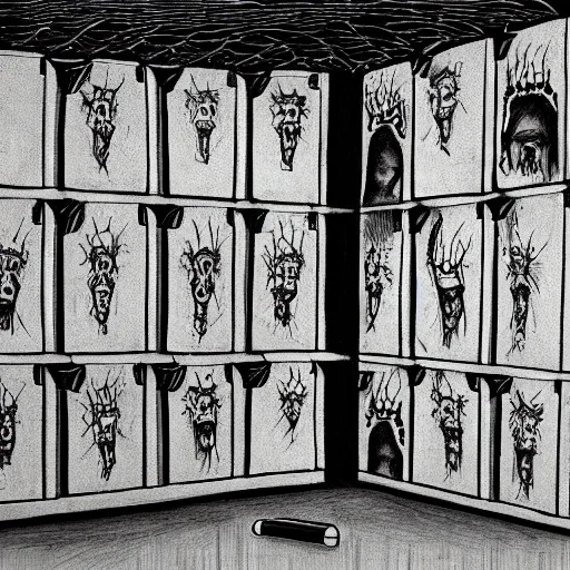 Image similar to prison cell with walls covered in pencil drawings of scary monsters. prison inmate scribbling on a piece of paper in the corner of the cell