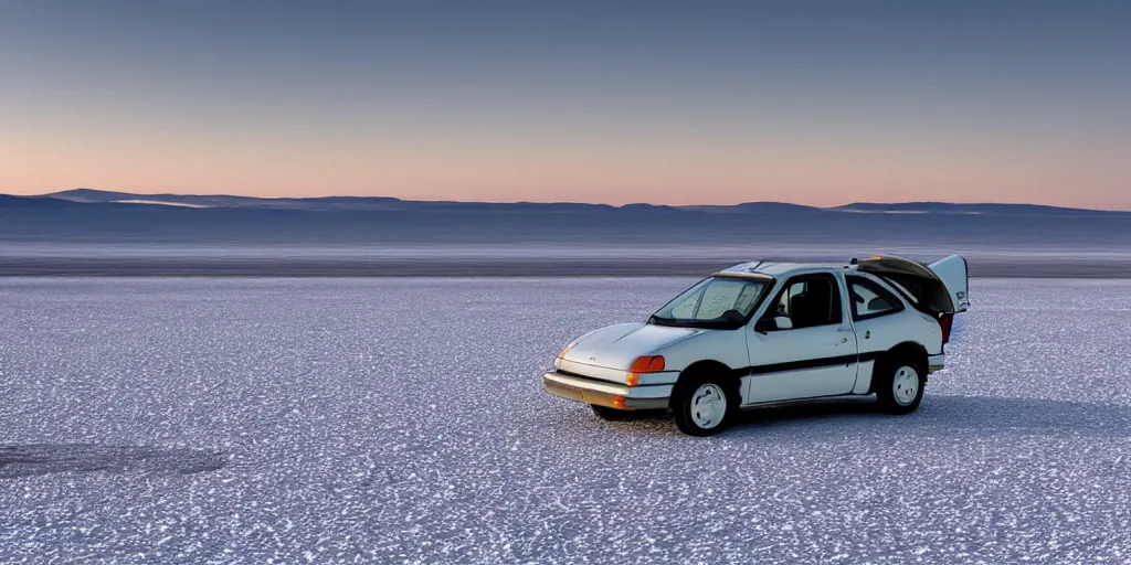 Prompt: a Geo Metro in a salt flat, auto photograph