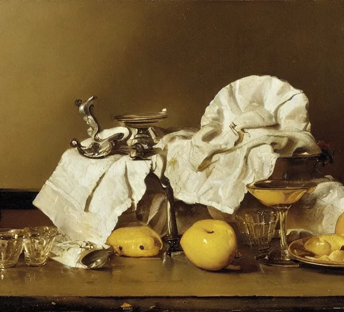 Prompt: still life by willem claesz heda