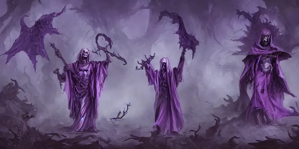 Image similar to cute purple cloaked lich summoning an undead army, epic fantasy illustration by Brom:5, cute:2, lich:-1