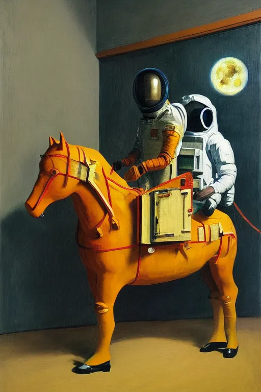 Image similar to man in horse costume, horse in costume astronaut, racing on astronauts, hauntingly surreal, highly detailed painting by francis bacon, edward hopper, adrian ghenie, gerhard richter, and james jean soft light 4 k,