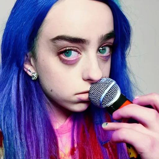 Image similar to a combination of Billie Eilish, Ariana Grande and Camilla Cabello with a microphone, selfie, symmetric, high details, hyperrealistic, bright colors,