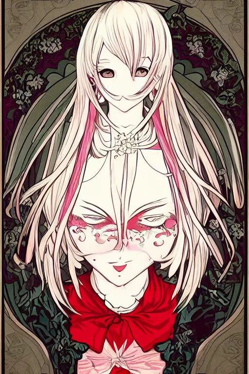 Image similar to Anime girl with chin length white hair, wearing red gothic lolita clothing, trending on Instagram, digital drawing, colored manga panel, art by Alphonse Mucha