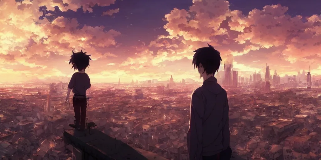 Image similar to anime character in front of an apocalyptic city and the clouds are burning, hyperrealistic, trending on pixiv fanbox, painted by greg rutkowski makoto shinkai takashi takeuchi studio ghibli, akihiko yoshida