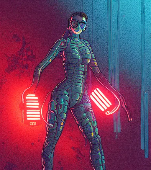 Image similar to a cyberpunk diver Polynesian woman swims through a dark bioluminescent alien coral reef, techwear, Industrial Scifi, detailed illustration, character portrait, by Martin Grip and Moebius