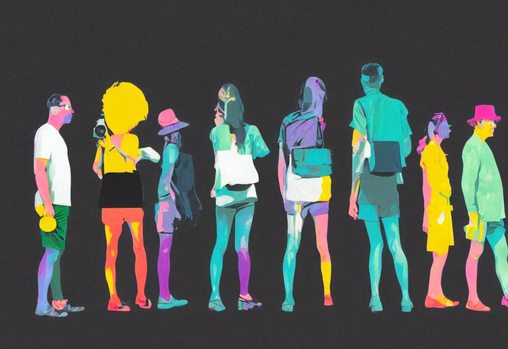 Image similar to full body portrait of a trio of european tourists with nikon cameras, rear views, character designs painting, in the style of wes anderson, rene magritte, lola dupre, david hockney, isolated on white background, dark monochrome neon spraypaint accents volumetric octane render