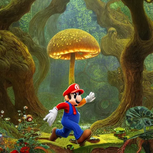 Image similar to Toad from Mario brothers running through a mushroom forest drawn by Donato Giancola and Jon Foster, frank frazetta, alphonse mucha, background by James Jean and gustav klimt, 4k, volumetric lighting, french nouveau, trending on artstation, octane render, hyperrealistic