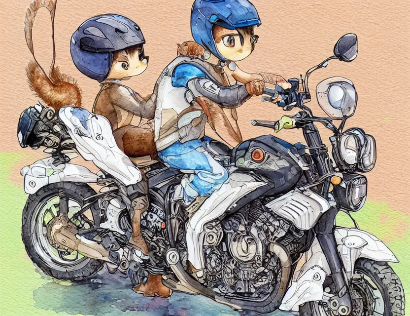 Image similar to cute and funny, a bipedal squirrel washing his motorcycle, centered award winning watercolor pen illustration, isometric illustration by chihiro iwasaki, edited by range murata, tiny details by artgerm and watercolor girl, sharply focused