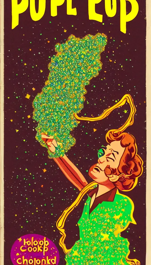 Prompt: pulp cover of a magical chocolate chunks cookie, wizard, fantasy, tetrahydrocannabinol, thc, hallucination, colored smoke, sparkles, sativa, indica, illustration, 5 0 s, risography,