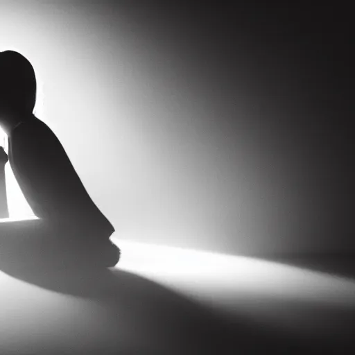 Image similar to Silhouette of a girl crying and trying to hide her tears, sitting in a dark room, with a faint light coming through, professional award winning photography, black and white, law of the thirds
