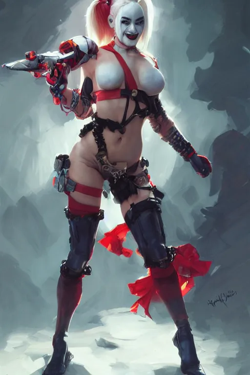 Image similar to portrait of Harley Quinn in bikini armor, dc comics, cyberpunk, Warhammer 40000, dark fantasy, digital art from artstation by Ruan Jia and Mandy Jurgens and Artgerm and william-adolphe bouguereau
