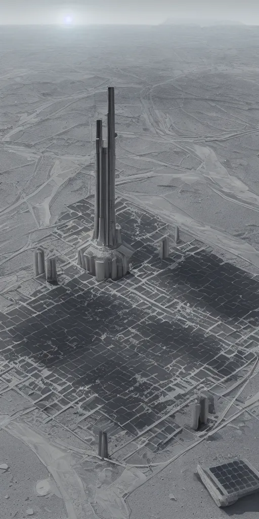Prompt: realistic nuclear base, tower of babylon destroyed, white architecture, cerro dominador radial vertical solar power plant in the desert, trending on artstation, featured on behance, octane render, award winning, archviz, matte painting, epic, blender render, unreal engine