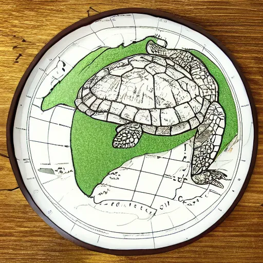 Image similar to a stack of turtles beneath a flat earth, round map