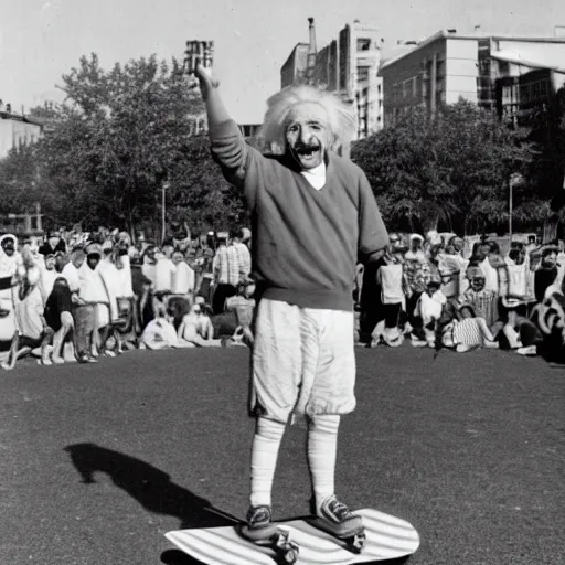 Image similar to vintage photo of albert einstein doing skateboard tricks at a park while a crowd of people watches, circa 1 6 0 0, award - winning shot