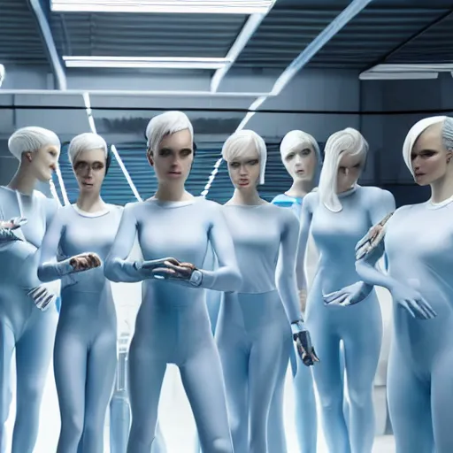 Prompt: troop ofcloned women with white bob hairdos, tight light blue neopren suits, futuristic production facility, sci - fi, highly detailed, cinematic