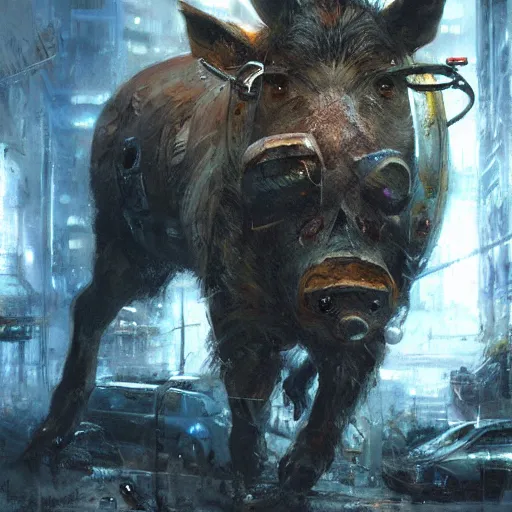 Image similar to a wild boar, painting by Raymond Swanland, cyberpunk, sci-fi cybernetic implants hq, Cadaques