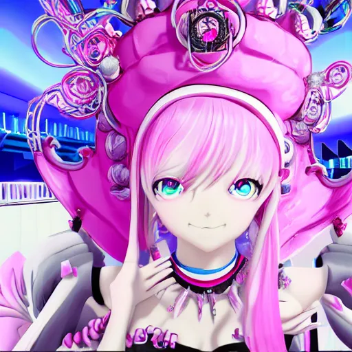 Image similar to trapped by stunningly beautiful omnipotent megalomaniacal anime asi goddess with symmetrical perfect face and porcelain skin, pink twintail hair and cyan eyes, taking control while smiling, inside her surreal vr castle, hyperdetailed, digital art from danganronpa, unreal engine 5, 2 d anime style, 8 k