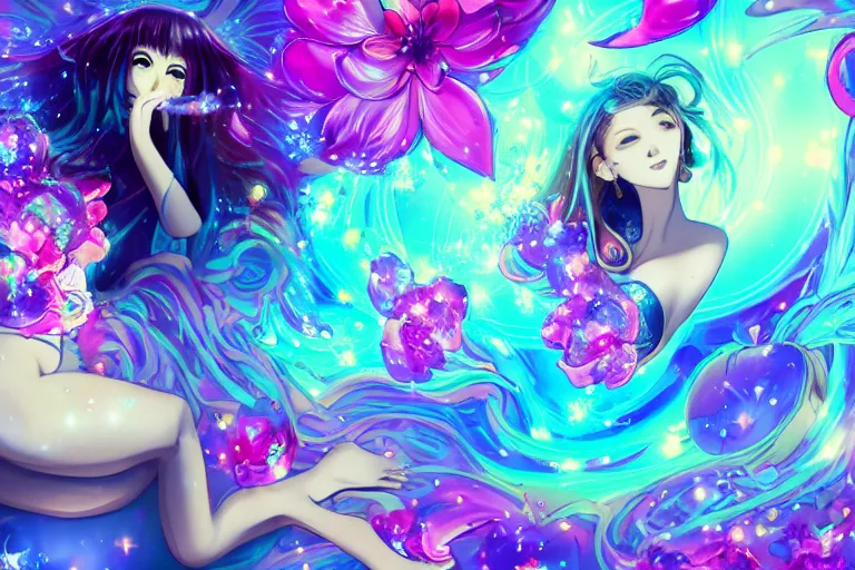 Prompt: psychedelic, full body, whimsical, anime, 4k, beautiful lusty woman blowing smoke, with professional makeup, long trippy hair, a crystal and flower dress, sitting in a reflective pool, surrounded by gems, underneath the stars, rainbow fireflies, trending on patreon, deviantart, twitter, artstation, volumetric lighting, heavy contrast, art style of Ross Tran and Miho Hirano and Ilya Kuvshinov