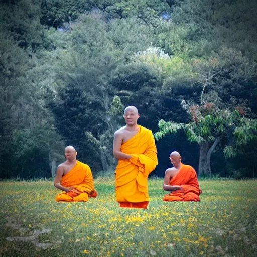 Prompt: enlightened monks blissfully transcending their mortal selfs