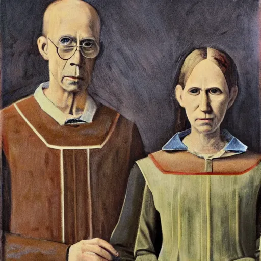 Prompt: two horses recreating the painting american gothic, by grant wood